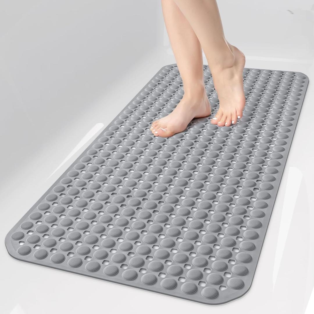 OTHWAY Bath Tub Shower Mat Non Slip, Bathtub Floor Liner Mats for Inside Shower Bathroom, Suction Cups and Drain Holes for Feet Scrubbing, Machine Washable, Soft on Feet, 35x16 Inch, Grey