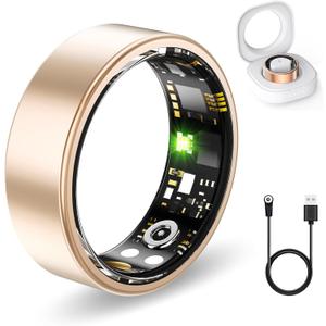 Smart Health Rings for Women Men, Fitness Tracker with Heart Rate, Blood Oxygen, HRV, Sleep Tracker, Step Tracker, No Subscription Fee, IP68 Waterproof Smart Ring for iphone & Android (Gold 6#)