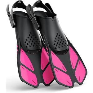 Greatever Snorkel Fins Adjustable Buckles Open Heel Swim Flippers Travel Size Short Swim Fins for Snorkeling Diving Swimming Adult Men Womens (Pink)