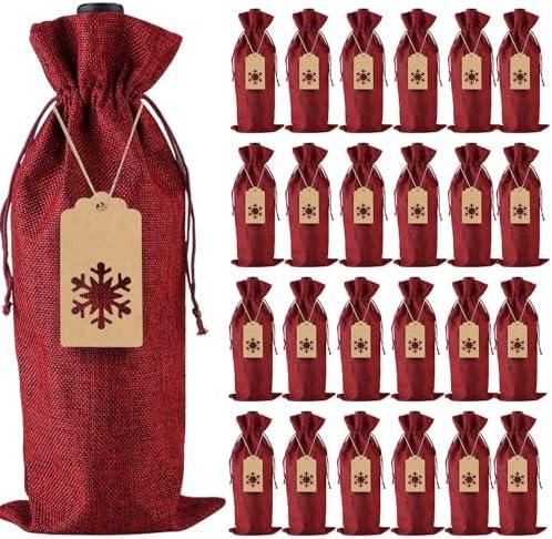 24 Pcs Burlap Wine Gift Bags, Jute Drawstring Wine Bottle Covers with Ropes and Tags for Christmas, Wedding, Travel, Birthday, Holiday Party