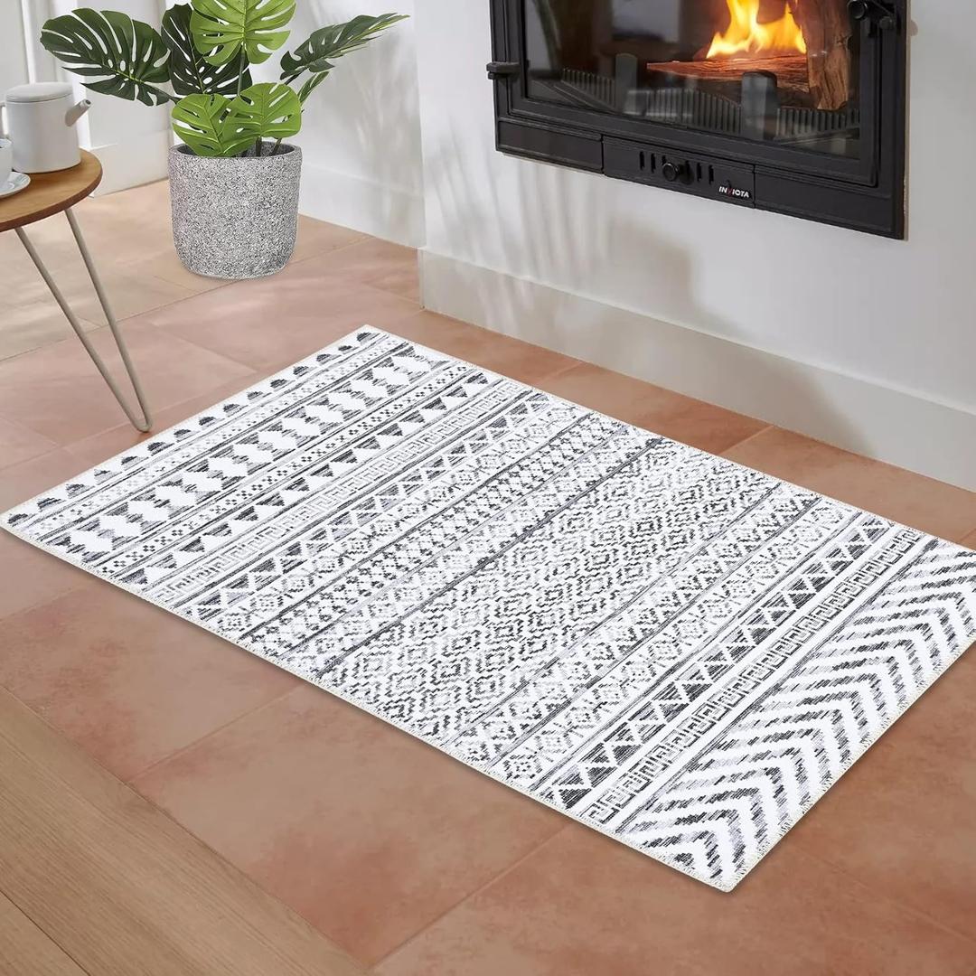 RUGSREAL 2x4 Small Boho Area Rug Indoor Throw Non-Slip Carpet Machine Washable Small Rug Mat Geometric Area Rug for Entryway Hallway Laundry, Grey