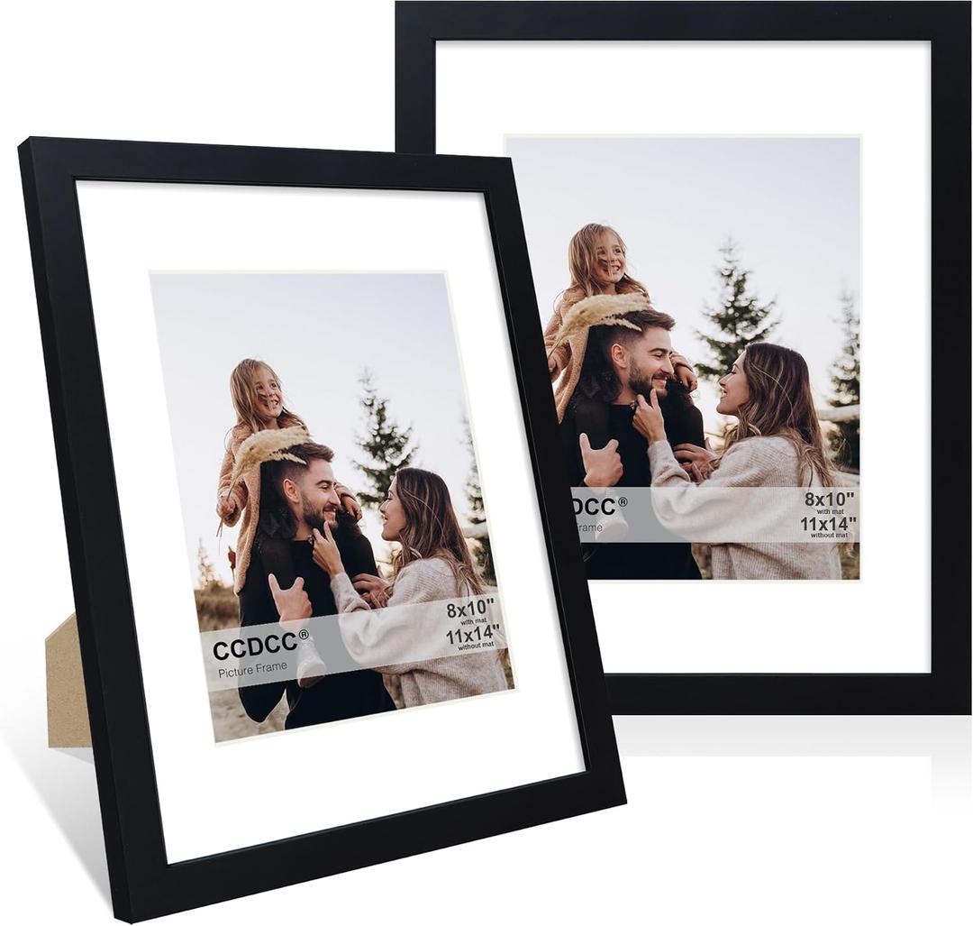 11x14 Picture Frame Set of 2, 11 x 14 Wood Photo Frames with Mat for 8x10, Wooden Frame with Real Glass Cover for Wall and Tabletop Display,Black