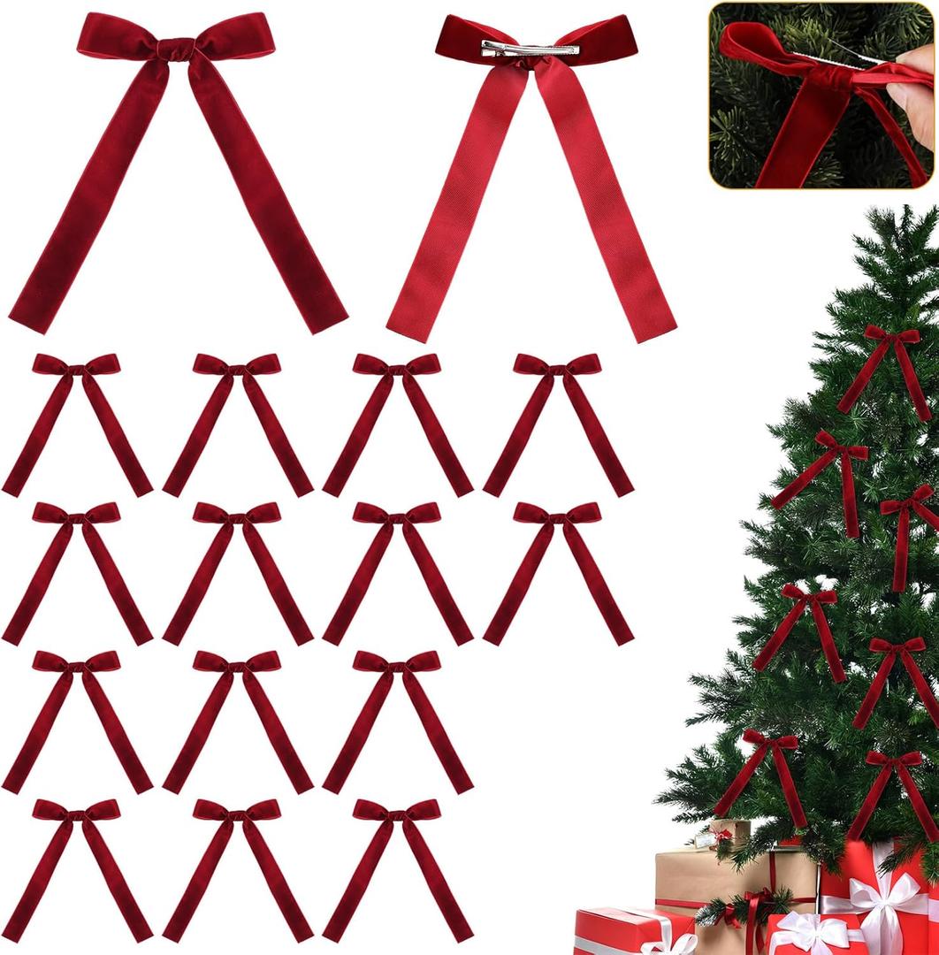 16 Pcs Vintage Christmas Tree Red Bow Ornaments with Clip Burgundy Clip Velvet Bows Ribbon with Easy 5.1x7.1 Inch Pre-Tied Small Ornaments for Xmas Decorations Wreath Gift Indoor Outdoor