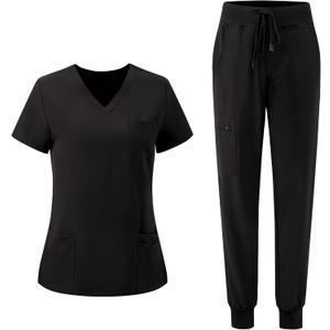 Scrubs for Women, V-Neck Scrubs Top & Cargo Pants with 10 Pockets (Black, XXL)