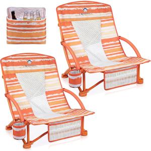 Beach Chairs for Adults 2 Pack,Heavy Duty Folding Low Back Camping Chairs w/Cooler Bag,Mesh Back,Cup Holder & Storage Bag,Compact Sling Chair for Lawn,Picnic,Travel,Orange Strip, Small