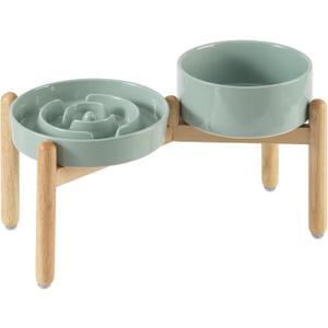 Ceramic Raised Slow Feeder Dog Bowl Set, Elevated 7.3inch Bowl and 8.2inch Puzzle Slow Dish with Wooden Stand for Medium and Large Dog, Anti-Gulping (2X Light Green+ Stand)