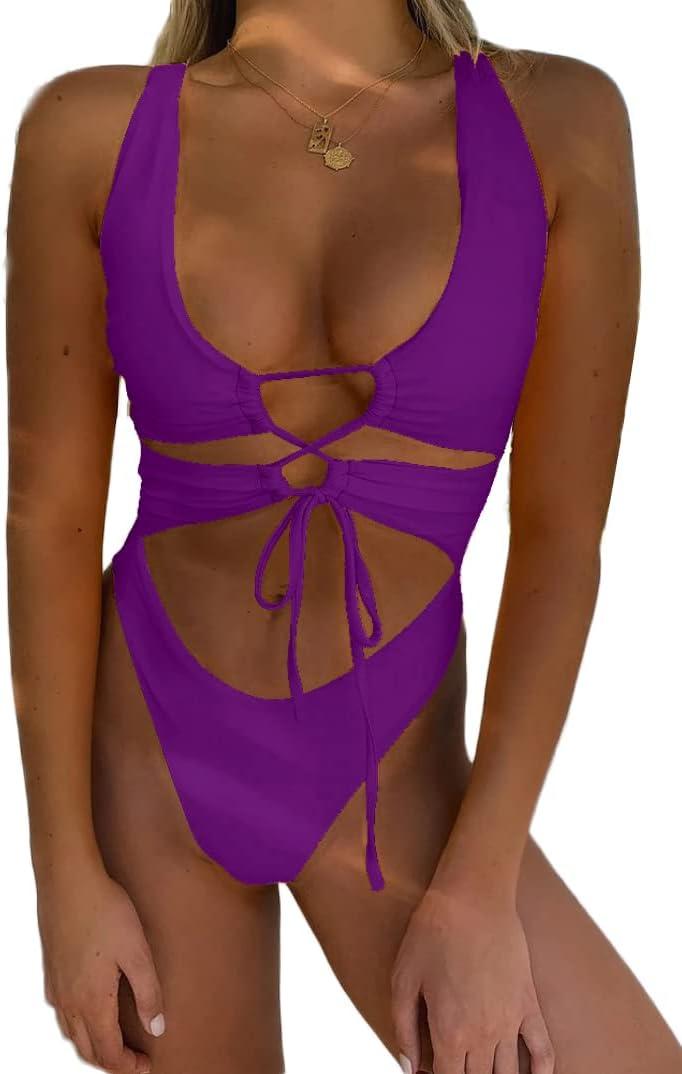 CHYRII Women's Sexy Cutout Lace Up Backless High Cut One Piece Swimsuit Monokini (Medium, Magenta)