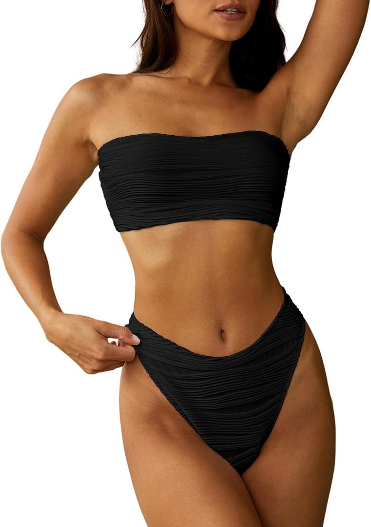 ZAFUL Women Strapless Textured Bandeau Bikini 2 Piece Swimwear Cheeky Solid Lace up Bathing Suits (Large, 1-black Wave)