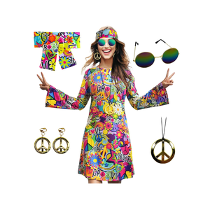 70s Hippie Dress Costumes Necklace Earrings Sunglass Women Disco Outfit, 60s Party Costume, Halloween Retro Dresses L