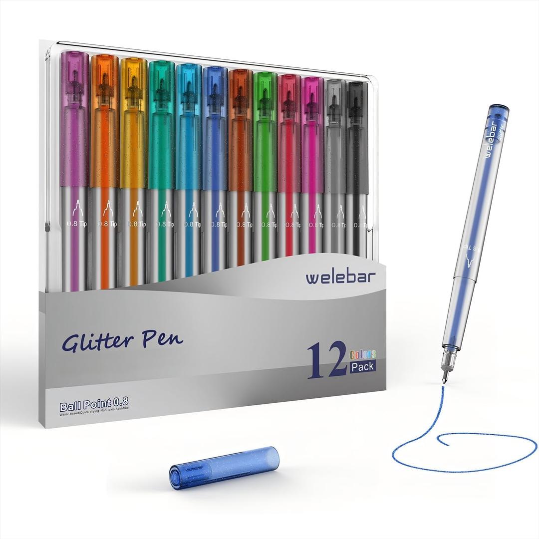 Glitter Gel Pen Set Compatible with Cricut Maker 3/Maker 4/Maker/Explore 3/Explore 4/Air 2/Air, 0.8 Tip Glitter Pen Set of 12 Pack Medium Point Pen, Writing, Drawing, Invitations, Cards