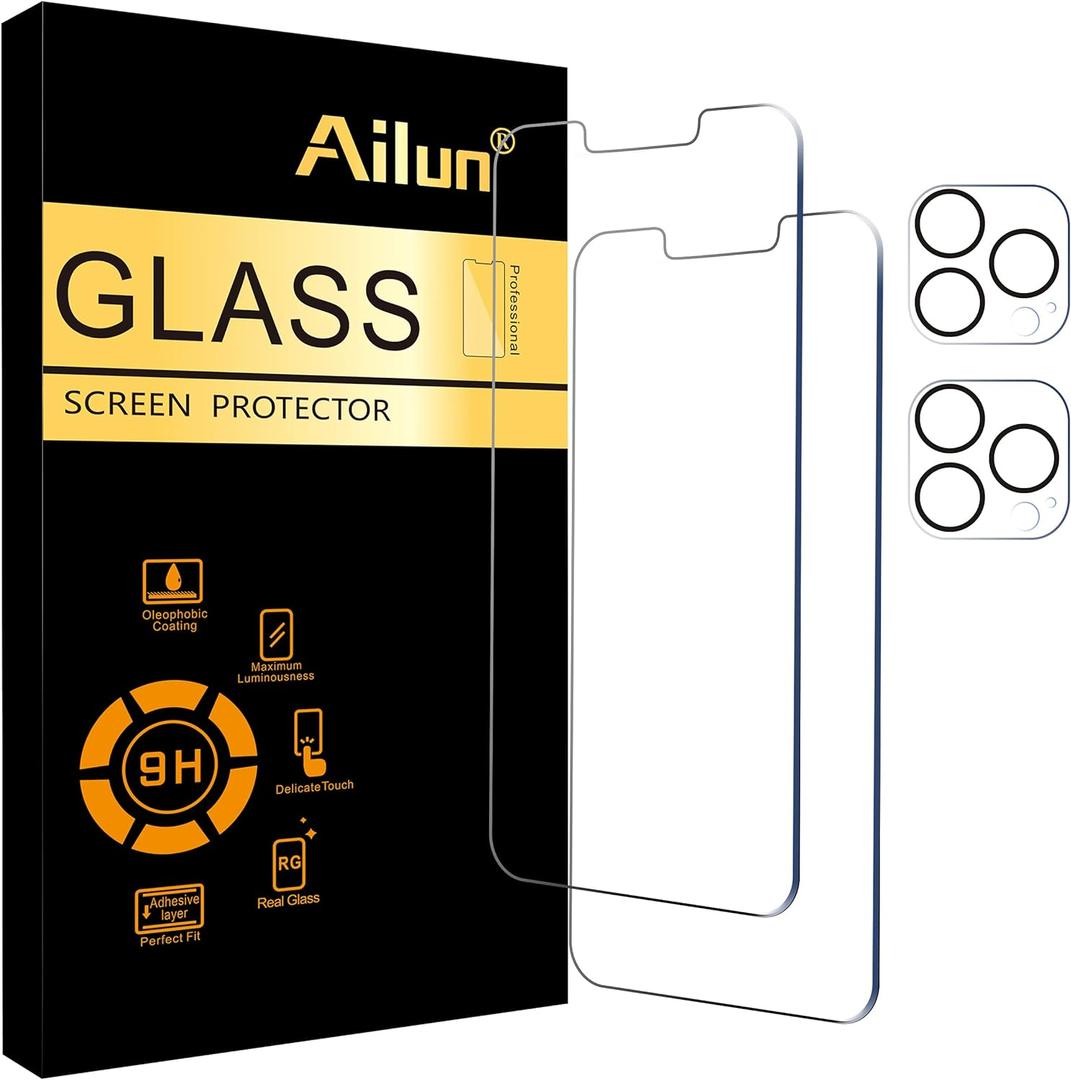 Ailun 2 Pack Screen Protector for iPhone 13 Pro Max [6.7 inch] Display 2021 with 2 Pack Tempered Glass Camera Lens Protector,[9H Hardness]-HD Case Friendly