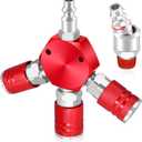 3 Way Air Hose Splitter,Red Air Manifold,Air Compressor Splitter 1/4 NPT Coupler, Flat Hex Manifold Air Couplers and Quick Connect Plug,with 1/4"" NPT I/M Industrial Type Swivel Air Plugs (A)