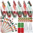 Vesici 124 Pcs Christmas Plastic Cups Bulk with Lids Straws Stickers Raffia Snowman Santa Claus Plastic Cups Xmas Disposable Clear Mugs Party Favor Holiday Birthday Wedding Party Supplies, 24 Sets (Red and Green)