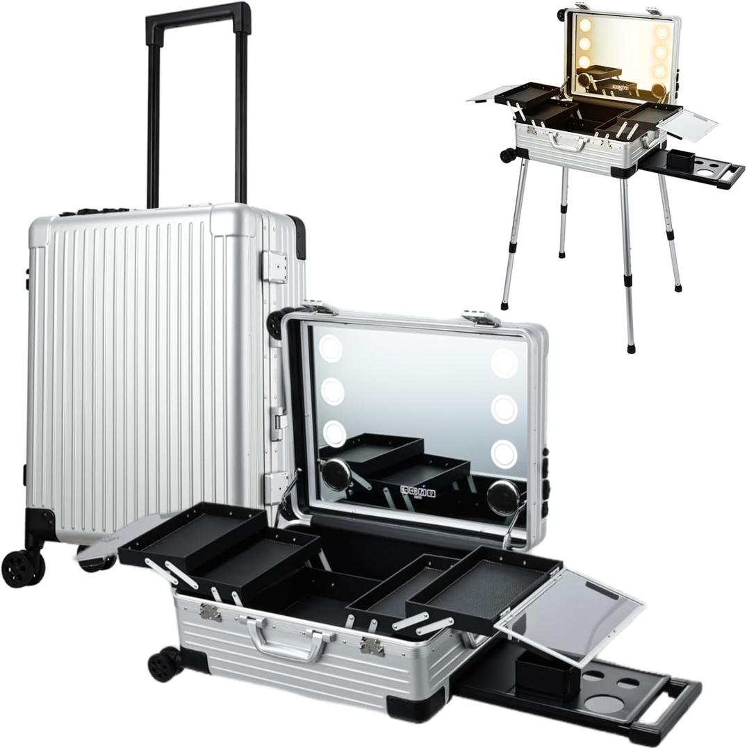 22'' Aluminum Trolley Rolling Makeup Train Case with LED Light Mirror Professional Cosmetic Travel Box with Bluetooth Speaker Make up Cosmetic Organizer Studio Nail Salon Beauty Vanity Silver