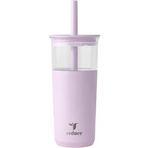 REDUCE Aspen 20 oz Vacuum Insulated Glass Tumbler with Lid & Extra Wide Straw - Keeps Drinks Cold for 12 Hrs - Ideal for Iced Coffee, Smoothies & Boba - Dishwasher Safe, Soft Base - Lilac Bud