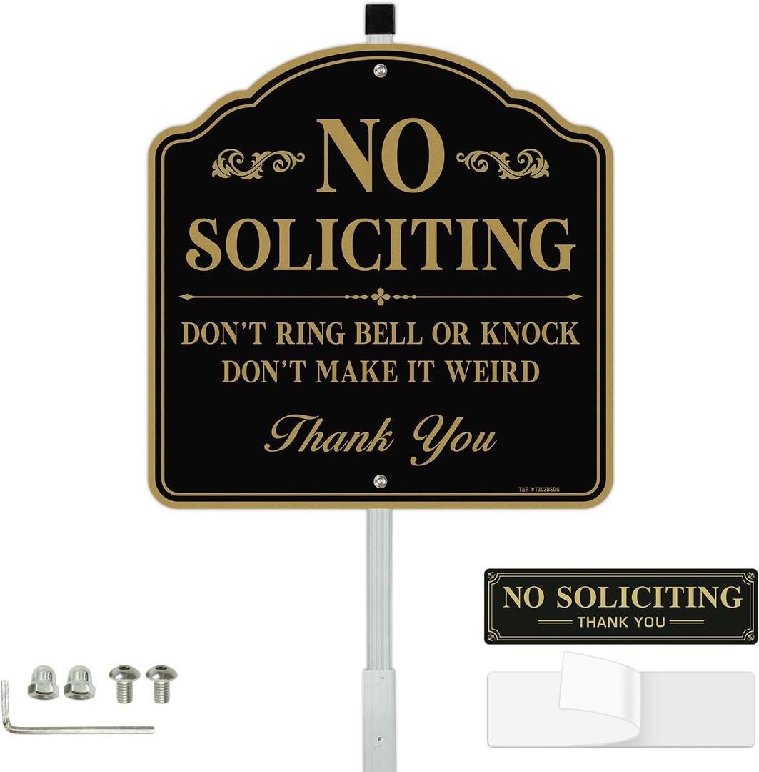 T&R Large No Soliciting Sign for House with 54" Stake - 12"x12" .040 Rust Free Aluminum, Reflective, Waterproof, Weatherproof and Fade Resistant, 2 pre-drilled holes,Includes Matching Screws & Wrench, Easy to Mount(Gold A)