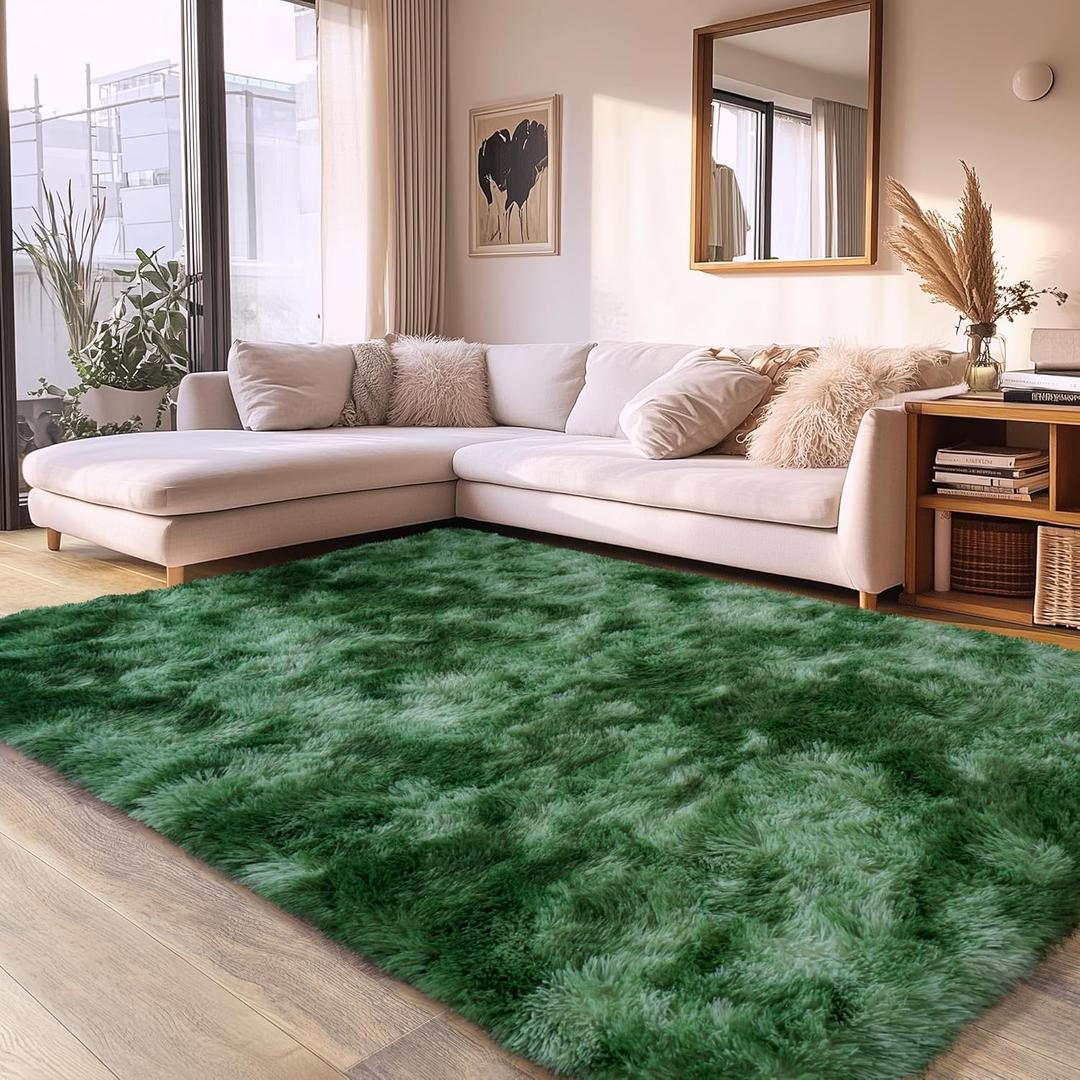 Tie-Dyed Green Fluffy Rug for Bedroom 5x7 ft - Ultra Soft & Non Slip Shaggy Area Rug, Comfy Durable Carpet for Living Room Kids Room Teens Dorm Home Decor, 1.7'' Thick Indoor Plush Carpets, Tie Dye Dark Green 