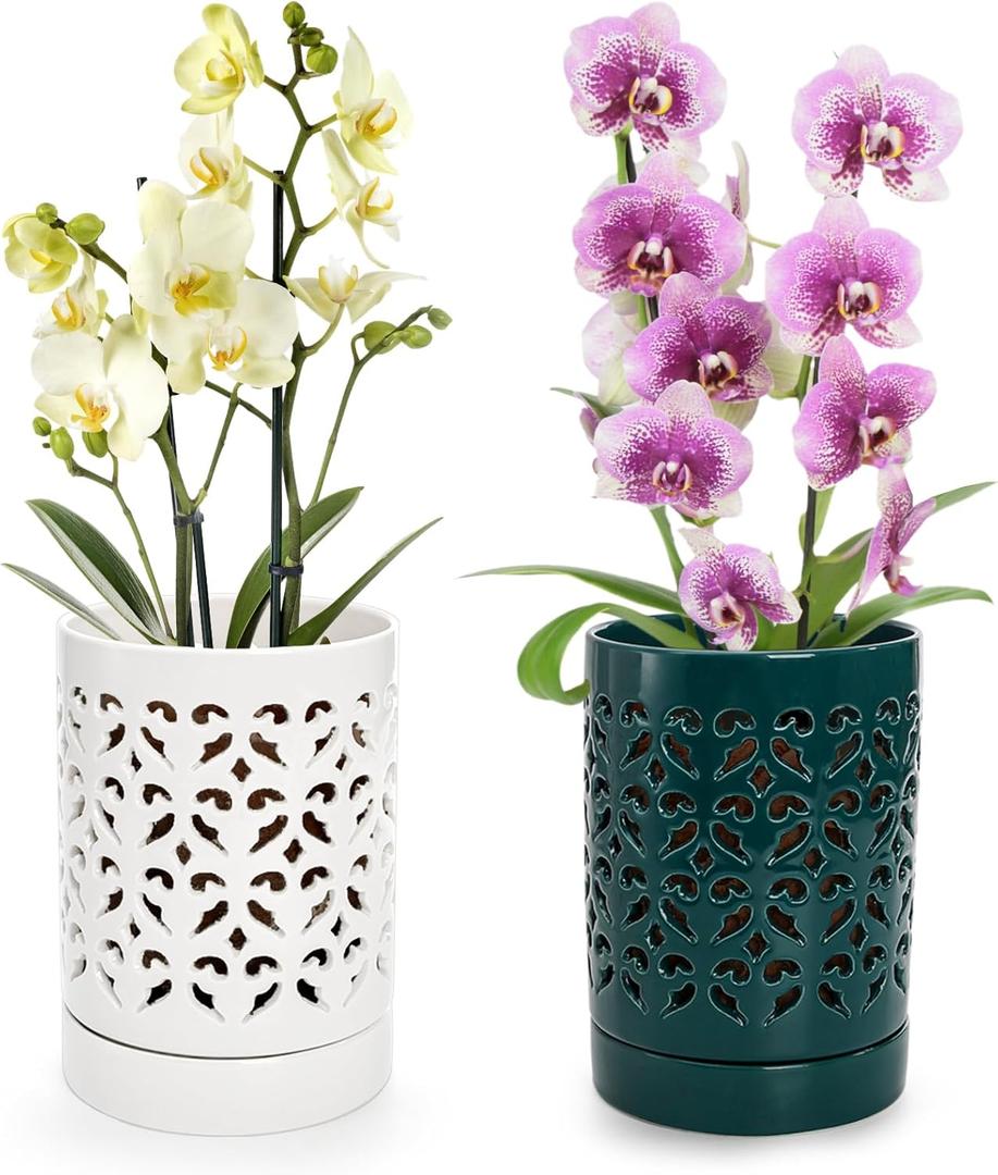 Jucoan 2 Pack Orchid Pots with Holes and Saucer, 4 Inch Ceramic Slotted Orchid Planter Pots for Repotting Indoor Outdoor Plant, Elegant Beige White and Green