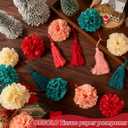 Tissue Paper Pompom Garland with Cotton Tassels, 2 Pcs Christmas Garland for Mantel, Window, Staircase, Holiday Party Decorations, Christmas Hanging Decorations, Green Red Pink Pompom