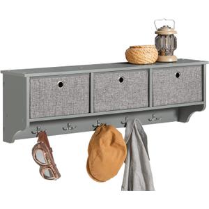 SoBuy Wall Shelf with Hooks, Coat Rack Wall Mount with Shelf Entrywall Storage Cabinet Unit with 3 Baskets 5 Hooks, Grey, FRG282-HG