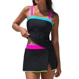 Popvil Neon Swimwear Women's Tankini Swimsuits with Skirt Two Piece Bathing Suit Tummy Control (Medium, Blue)