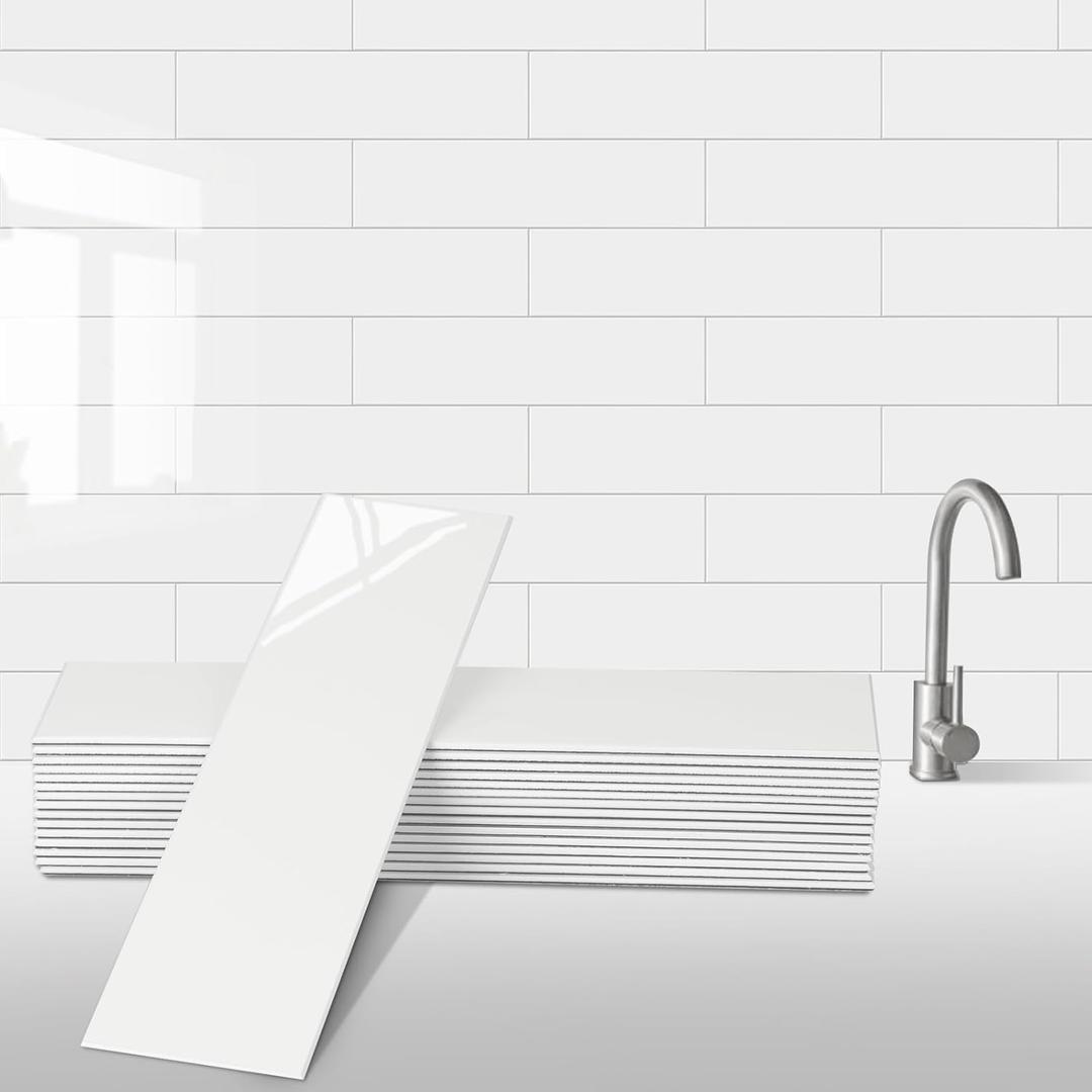 24-Pieces Peel and Stick Tiles for Kitchen Backsplash, New Upgrade Design 12" x 3"SPC Subway Backsplash Tiles, Cream White Premium Finger Tiles (Beige).