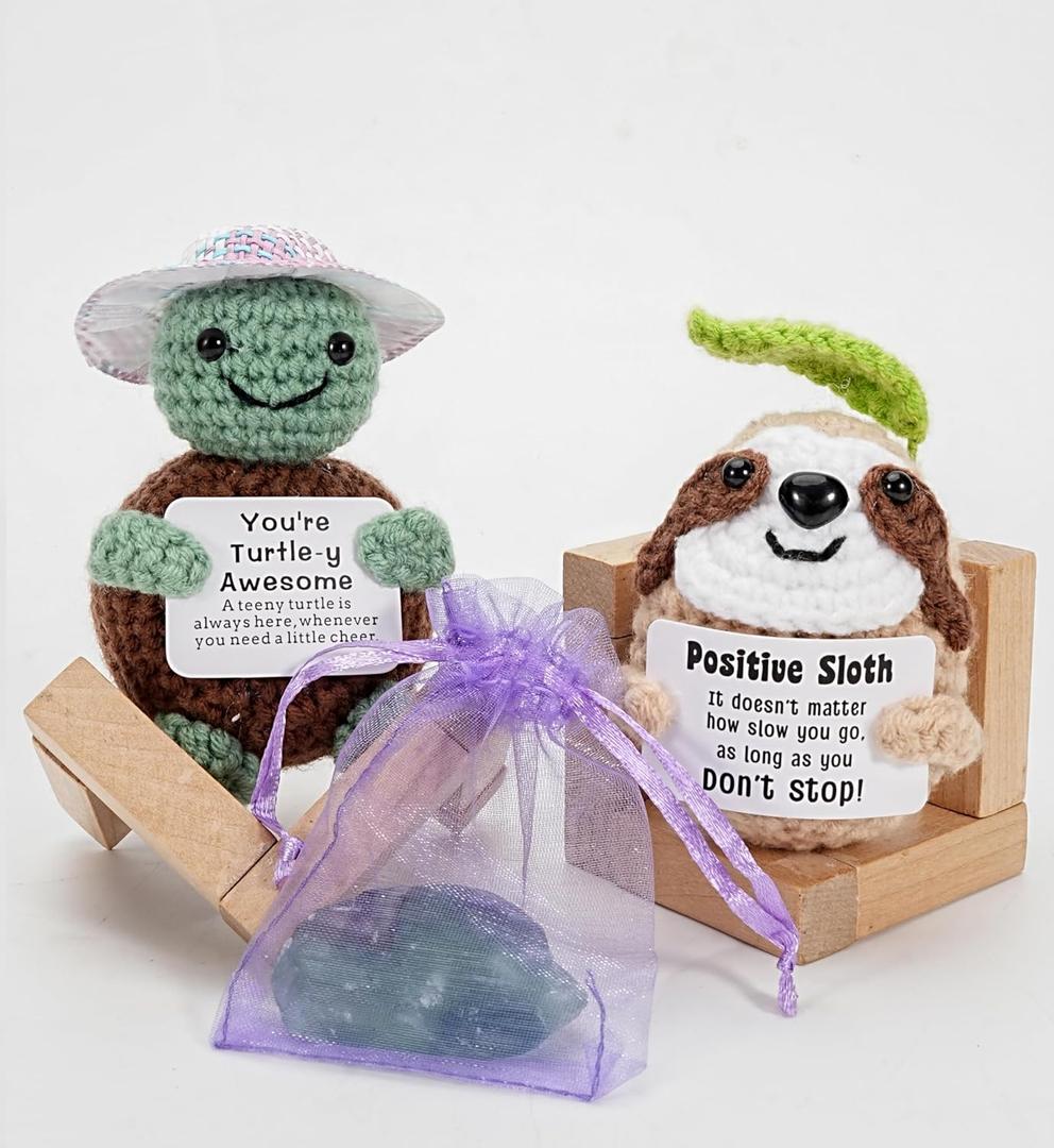 2 x 2 Pack Positive Crochet Animals Birthday Gifts for Women Men Includes Motivational Cards and a Wooden Base Cute Small Gift for Son Mom Dad Daughter Sister Friend Coworkers