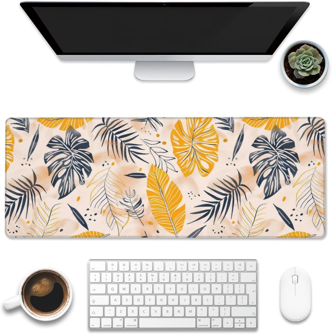 Desk Mat, Boho Palm Leaves Large Gaming Mouse Pad for Desk XL,Boho Tropical Leaves Desk Pad,Extended Big Computer Keyboard Mouse Pad with Non-Slip Base and Stitched Edge 31.5"x11.8"