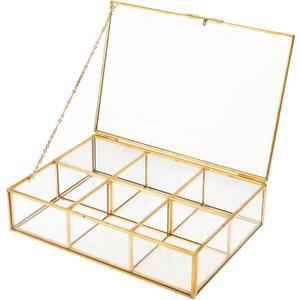 HighFree Gold Glass Tea Bag Organizer, Tea bag Storage Glass Box with Lid, Counter Top Collection Box for Tea Bags, Surgar Bags & Coffee Bags, Clear Keepsake Display Box (6 Compartments)