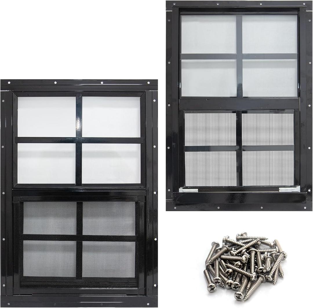 NeatiEase 2 Pack Shed Windows with Black Frame, 18x 23 Flush Mount Small Window with Tempered Glass and Fiberglass Screen for Shed, Chicken Coop, Playhouse, Household, Garage