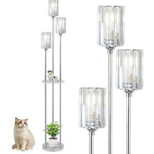 HMVPL Crystal Floor Lamps for Living Room, Modern Floor Lamp with Shelves, 3-Lights Standing Lamp with Crystal Shade, On/Off Foot Switch, Silver Corner Floor Lamp for Bedroom Living Room Office(66") (Chrome)
