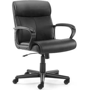 DUMOS Ergonomic Executive Office Chair with Padded Armrests, Mid Back Lumbar Support, Adjustable Height & Tilt, PU Leather Swivel Desk Chair for Home Office, Black