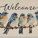 Welcome Blue Jay Birds Decorative Front Door Mat, Watercolor Branches Doormat Indoor Outdoor Non-Slip Floor Entryway Rug, Farmhouse Low Profile Home Kitchen Decoration 17x29 Inches