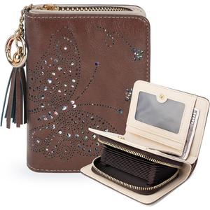KITEVIUN Women RFID Blocking Small Bifold Wallet, Compact Cash Clutch with Zipper Coin Pocket, Glittery Butterfly Design, Credit Card Holder, Travel Purse with Tassel COFFEE