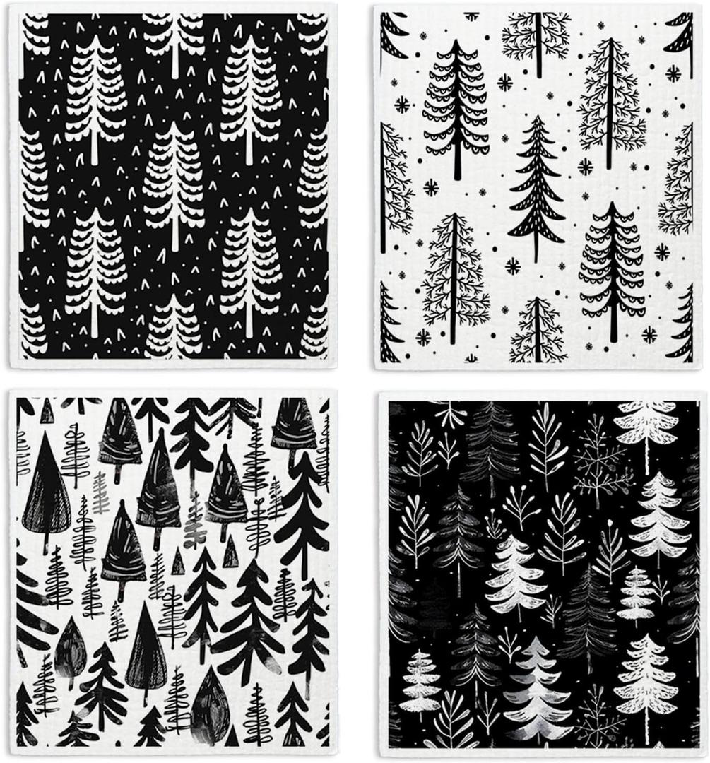 Christmas Pine Tree Swedish Dishcloths for Kitchen, Swedish Dish Cloths for Pine Tree, Black and White Christmas Towels, 4 Pack for Papaya Reusable Paper Towels Washable, Sponge Cloths