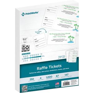 PrintWorks Printable Raffle Tickets With Tear-Away Stubs for Events & Fundraisers - 1000 Custom Tickets (Size 2.75" x 8.5") - 4 per Sheet - 250 Sheets (8.5" x 11") - Made in the USA - White (04295)