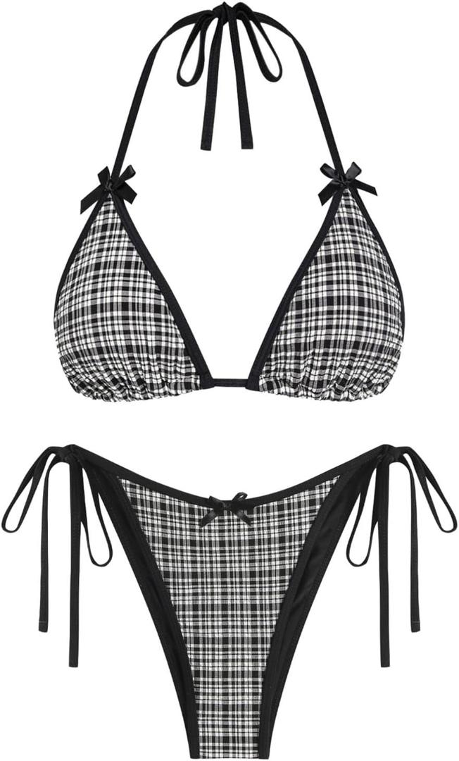 ZAFUL Women's Sexy Halter Bikini Sets Bow Decor Tiny Floral Print Bikini Swimsuits Tie Side Triangle Bathing Suits (Small, 2-black-white)