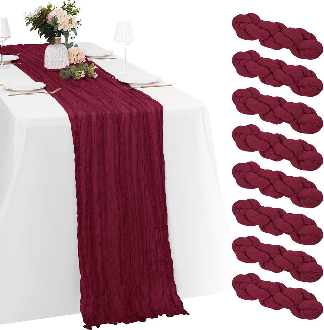 8 Pack Burgundy Cheesecloth Table Runners 20x120 Inch Gauze Table Runner 10FT Easter Cheese Cloth Table Runner Rustic Sheer Runner for Wedding Baby Shower Birthday Party Table Decor