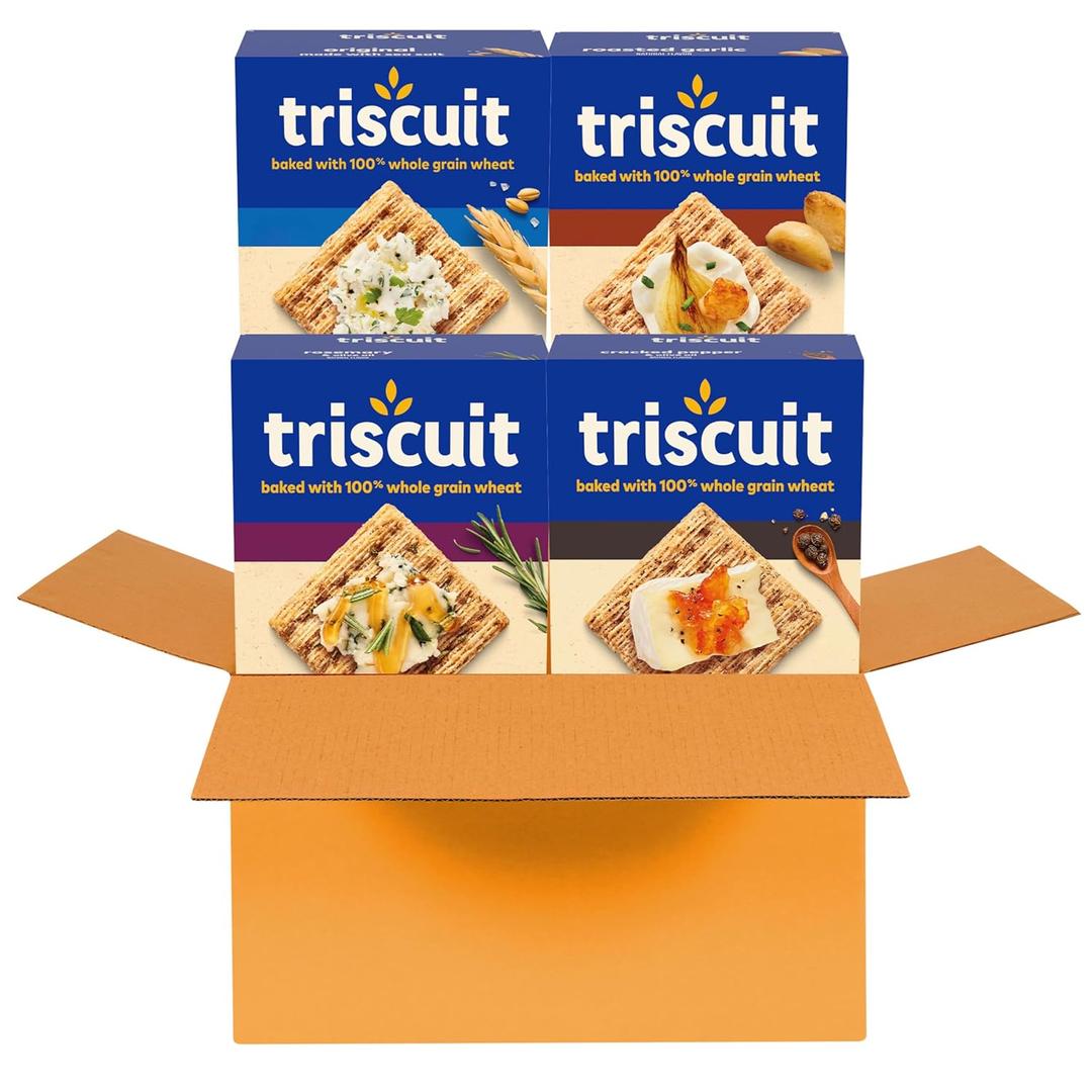 Triscuit Whole Grain Wheat Crackers 4 Flavor Variety Pack, Lunch Snacks, Bulk Snack Crackers, 4 Boxes (EXP 06/15/26)