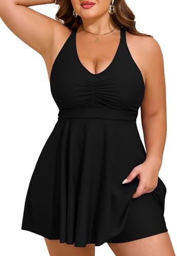 HUSKARY Plus Size Tankini Swimsuits for Women Tummy Control V Neck Hide Belly Bathing Suits Two Piece with Swim Shorts 16 W