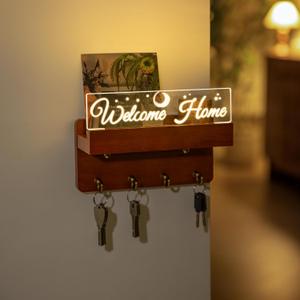 Key Holder Wall Mount with LED Light Sign, 4 Hooks Wooden Key Rack with Entryway Decorative Wireless Night Light, Solid Wood Key Hanger Organizer Shelf Aesthetic Home Decor (8.66W X 4.33H X 3.54D)