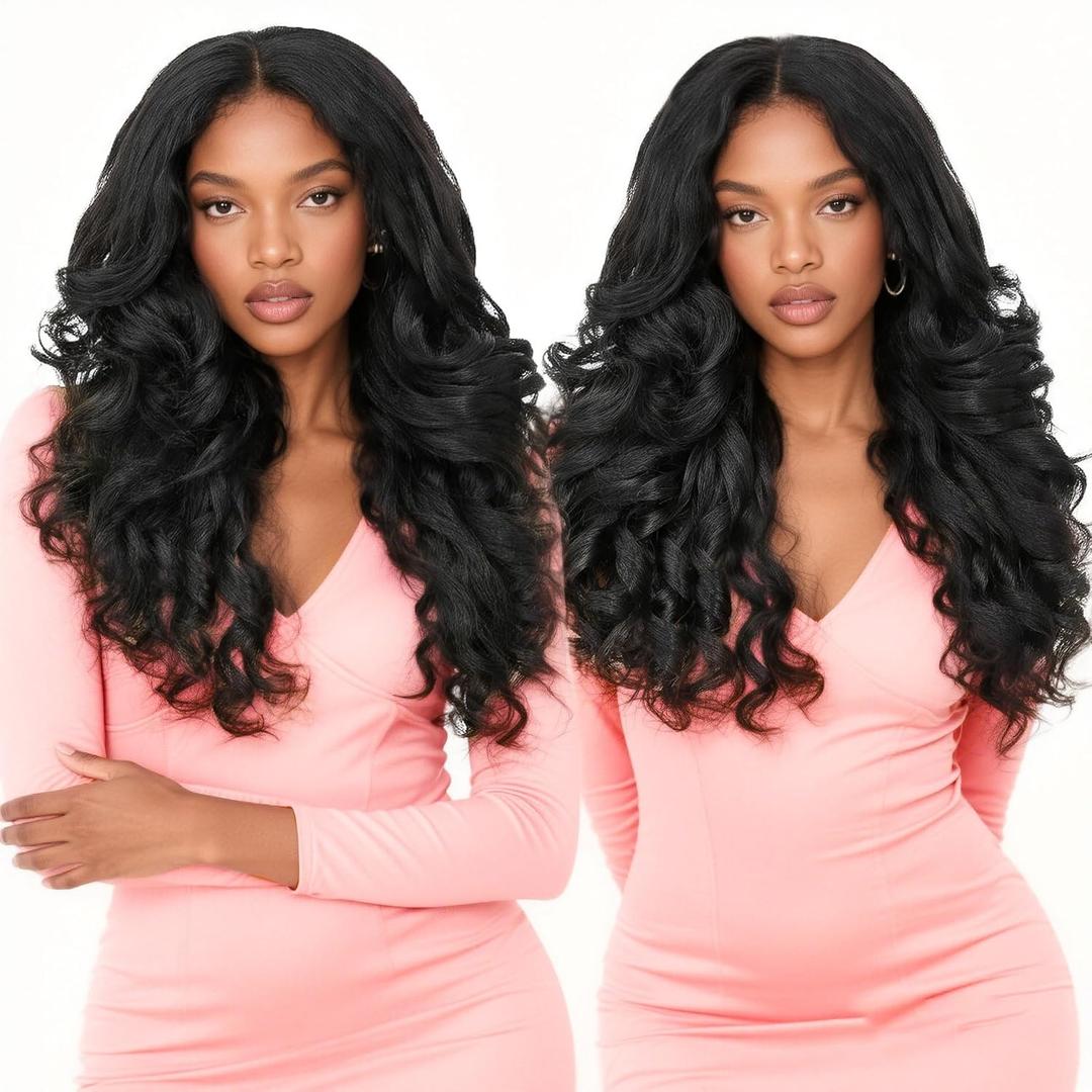 GKtineke Yaki Curly V Part Wig for Black Women, 24 Inch Glueless Synthetic Curly Wig, Wear and Go Half Wig with Clip in, Heat Resistant Hair No Leave out (Natural Black)