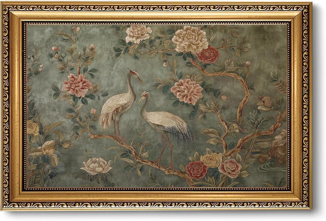 Gold Framed Heron Wall Art Vintage Bird Wall Decor, Cottage Core Canvas Print, Animal Fine Art Painting, Floral Artwork for Living Room Bedroom Bathroom 16x24 Inch