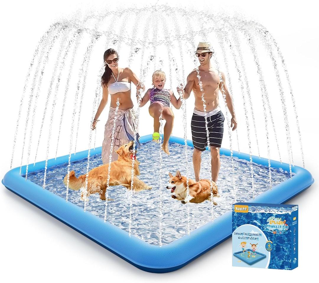 Raxurt Splash Pad, 97"- 72" Non-Slip Splash Pad for Kids and Dogs, Thickened Durable Square Dog Pool with Sprinkler Summer Outdoor Water Toys for Toddler Girls Boys Children Pet (Blue)
