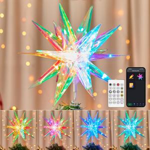 Christmas Star Tree Topper, 13.7" Static Dynamic Lighted MoravianStar Built-in 36 Bulbs, RGB Color Changing Topper W/ App Control USB Powered Xmas Tree Topper Music Sync Tree Top for Christmas