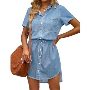 luvamia Women Casual Denim Dress Short Sleeve Tie Waist Classic Jean Shirt Dress XS 