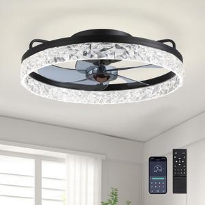 Ceiling Fans with Lights, Low Profile Ceiling Fan with Remote, 20 Modern Reversible Flush Mount Ceiling Fan, 3 Colors Temperature Dimmable for Bedroom (Black-1102)