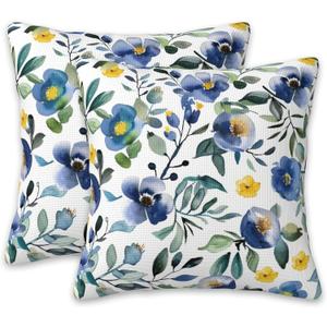 Blue and Yellow Flowers Pillow Covers 18X18 Set of 2, Watercolor Abstract Floral and Leaves Decorative Throw Pillow Covers, Pillowcase Cushion Case for Home Sofa Couch Indoor Outdoor
