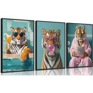 3Pcs Funny Tiger Bathroom Canvas Wall Art Trendy Preppy Tiger Bathroom Wall Decor Prints Fashion Sunglasses Animal Toilet Paintings Pictures for Washroom Toilet Home Decoration 16x24in Unframed