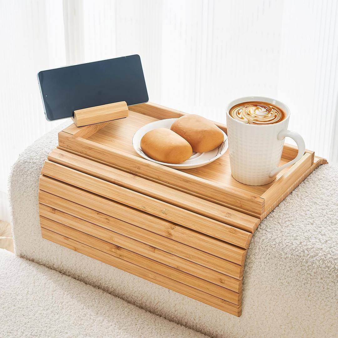 Bamboo Sofa Arm Tray, Anti Falling Couch Arm Tray Armrest Table with 360 Rotating Phone Holder, Foldable and Portable Sofa Armrest Trays Cup Holder for Drink,Cups, Phone, Snacks, Remote